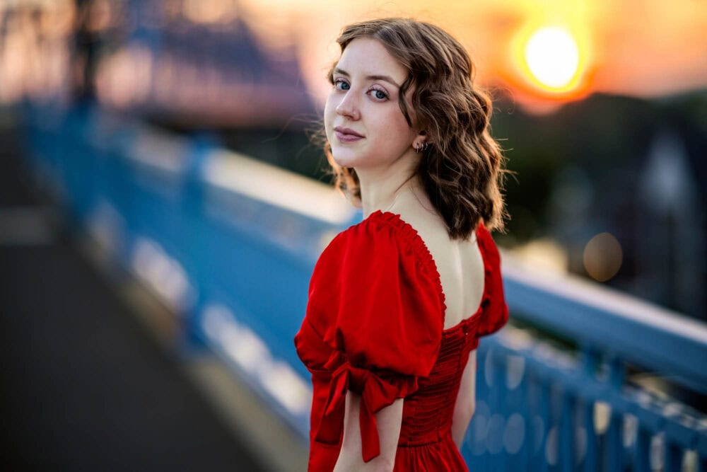 Ainsley at sunset by the Cass Street Bridge, La Crosse