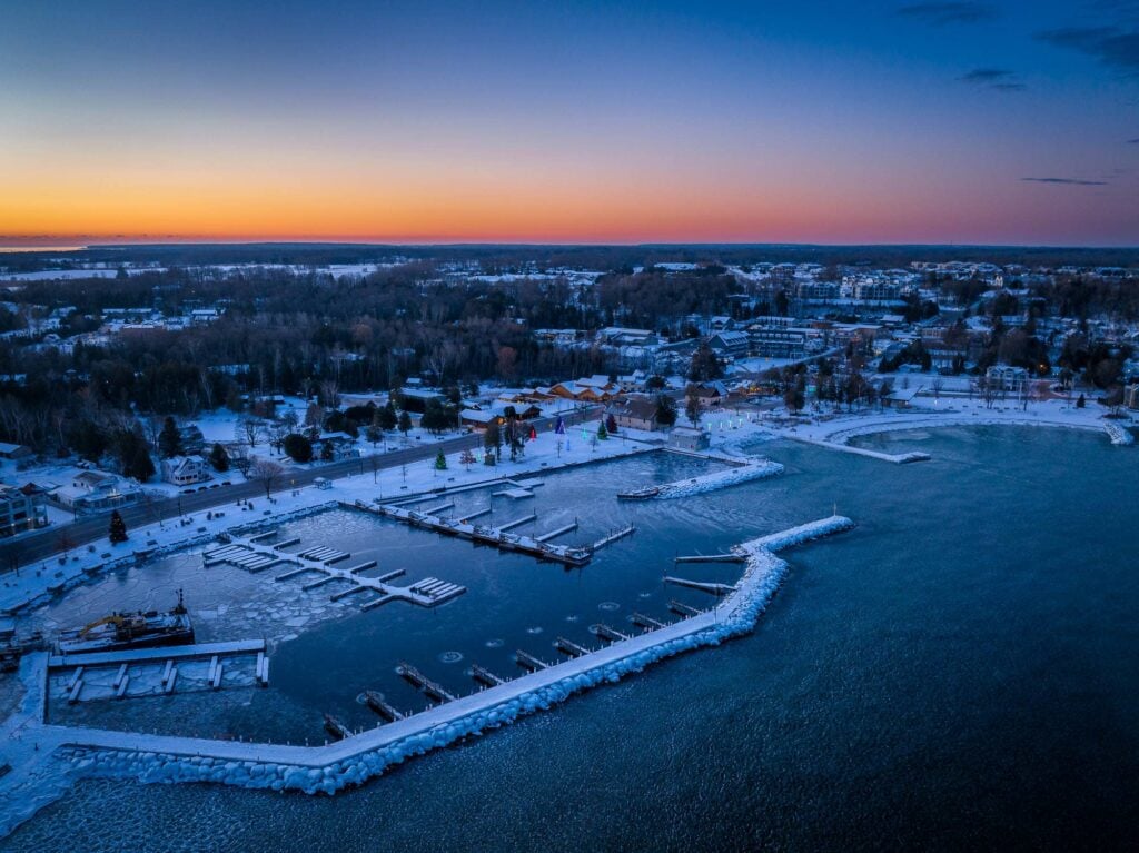Winter harbor from above at dawn, Door County