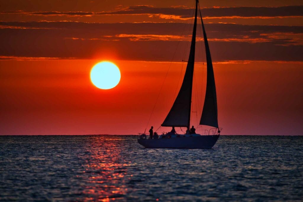 Sailboat against a red sunset, Door County