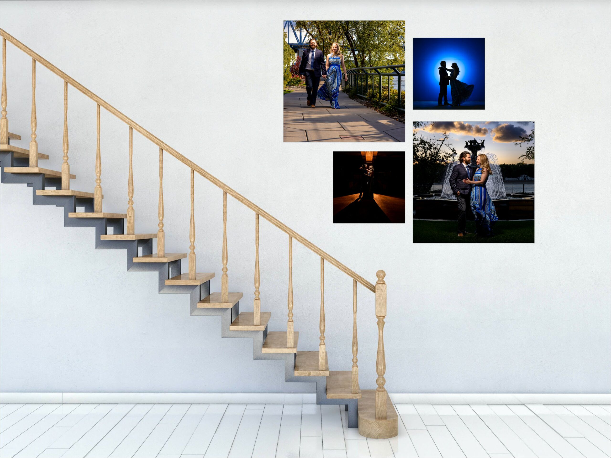 A gallery of couples portraits along a stairway wall
