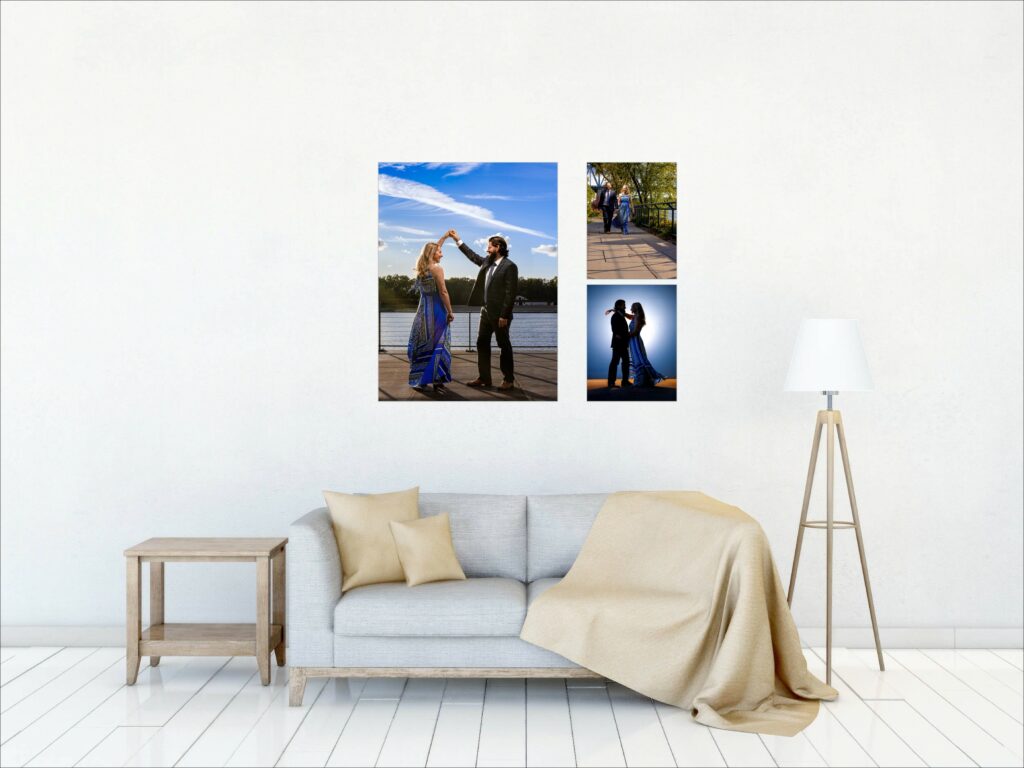 A gallery wall of couples and engagement portraits