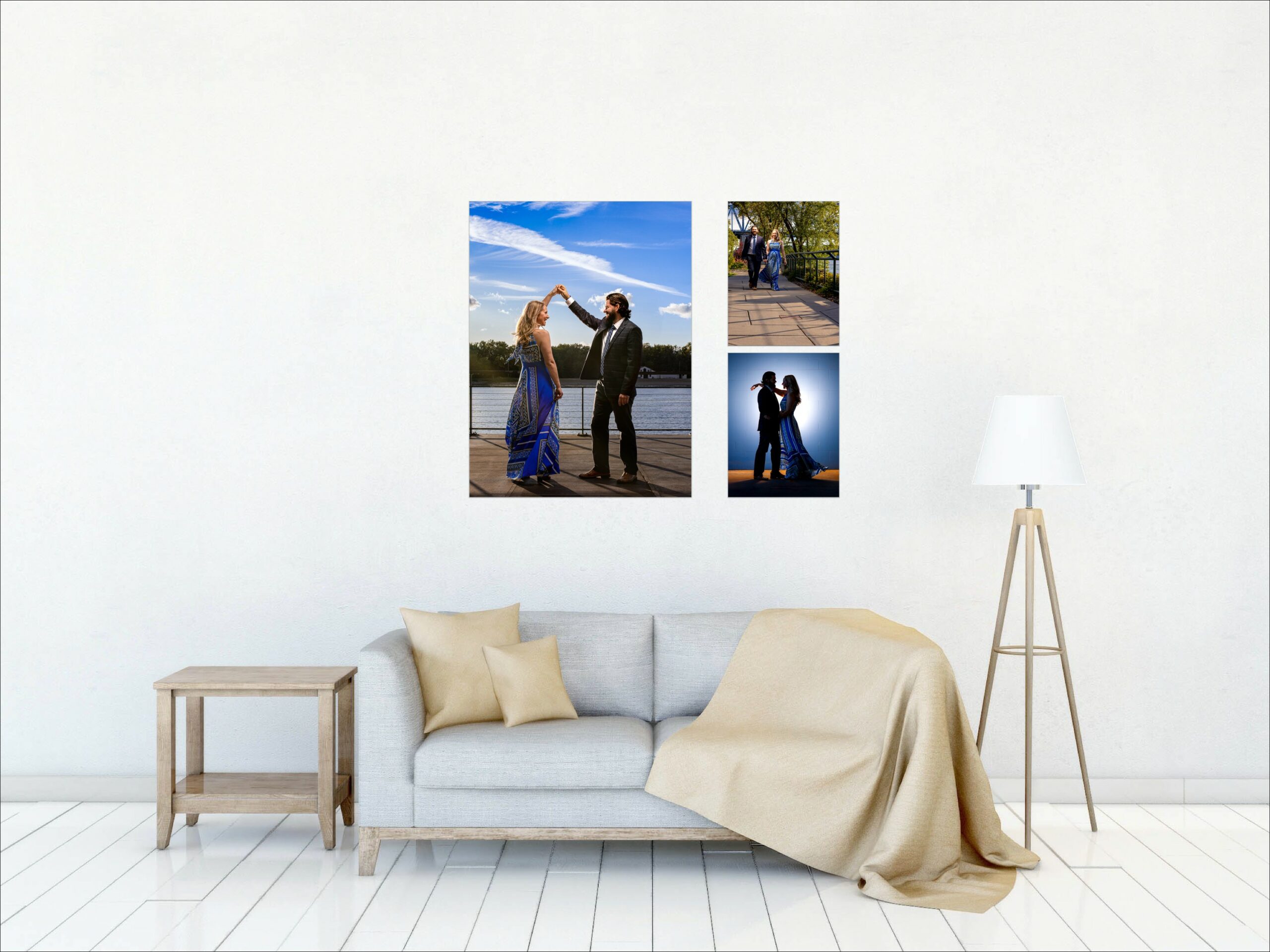 A gallery wall of framed portraits