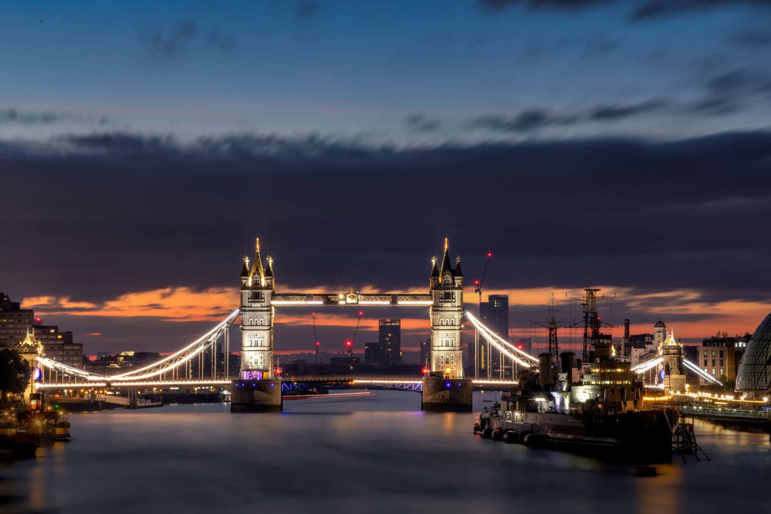 Tower Bridge lit at sunset