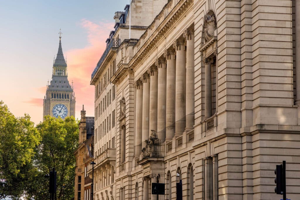 Big Ben and the Houses of Parliament lit gold at sunset, London