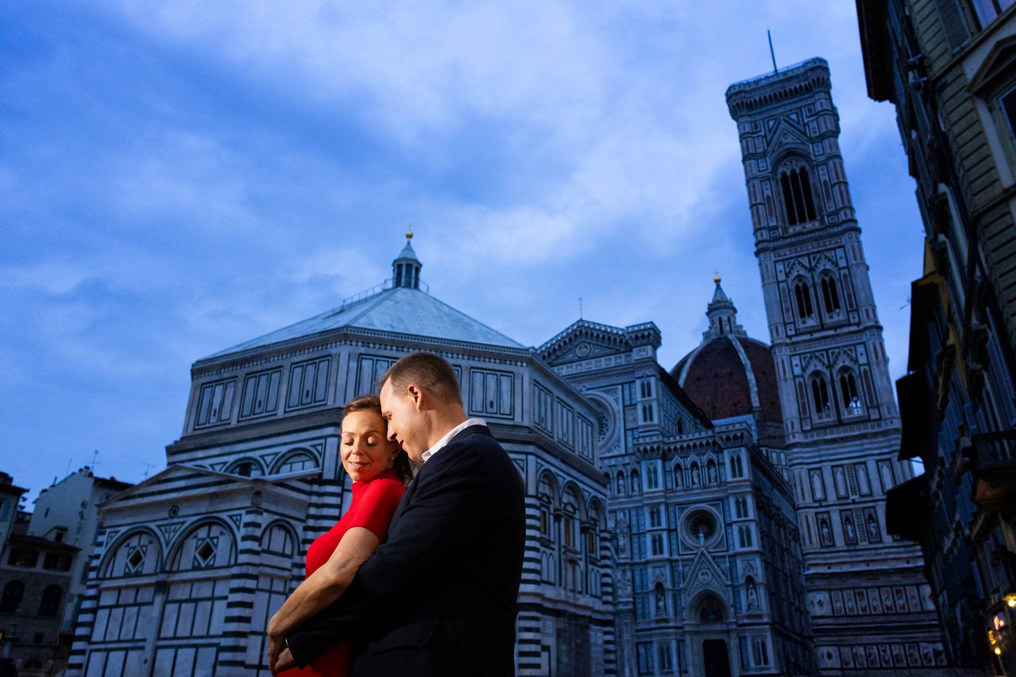 Jeff and Alisha at blue hour beneath the Duomo in Florence
