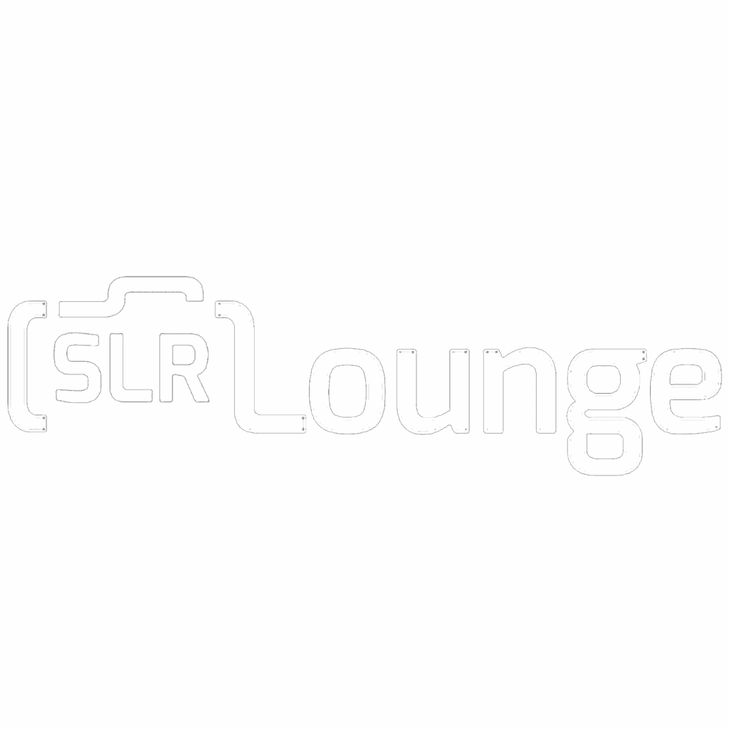 SLR Lounge logo in outlined letterforms with camera icon detail