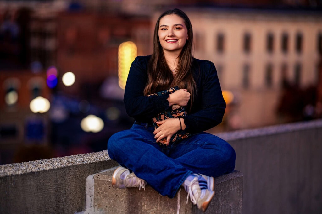 Claire on the La Crosse Center ramp at dusk, downtown La Crosse, Wisconsin