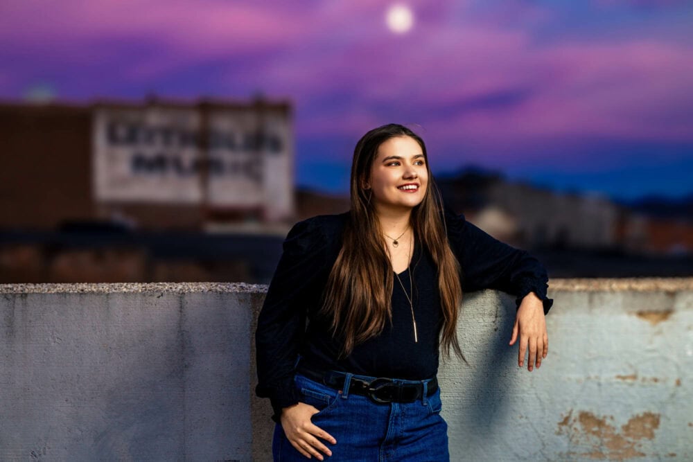Claire on the La Crosse Center ramp at dusk