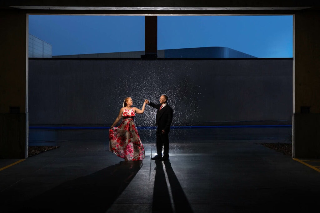Tina and Howard dancing in the rain, downtown La Crosse