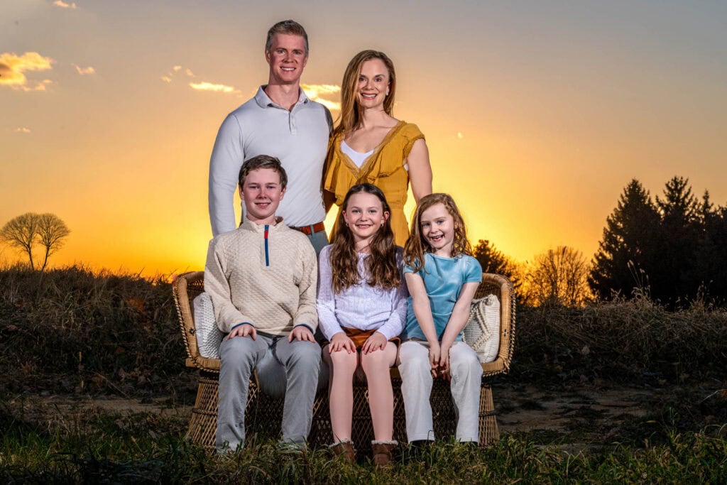 A family of five at golden hour, family session