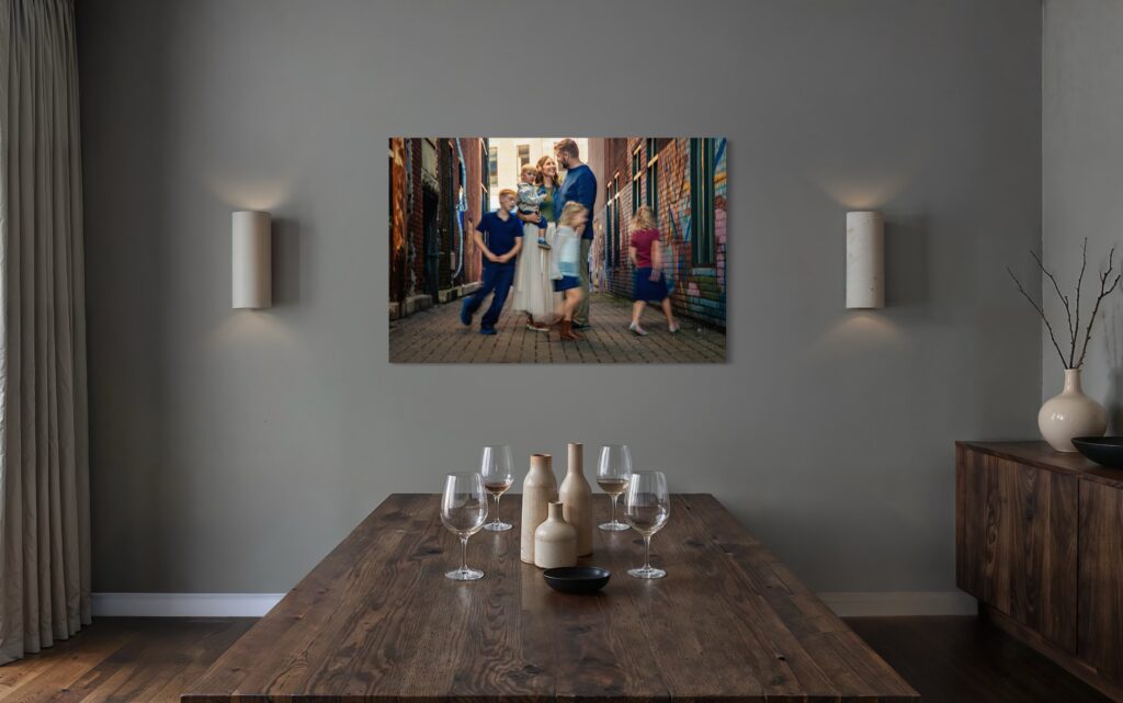 family portrait displayed as wall art, J.L. Wiswell Photography