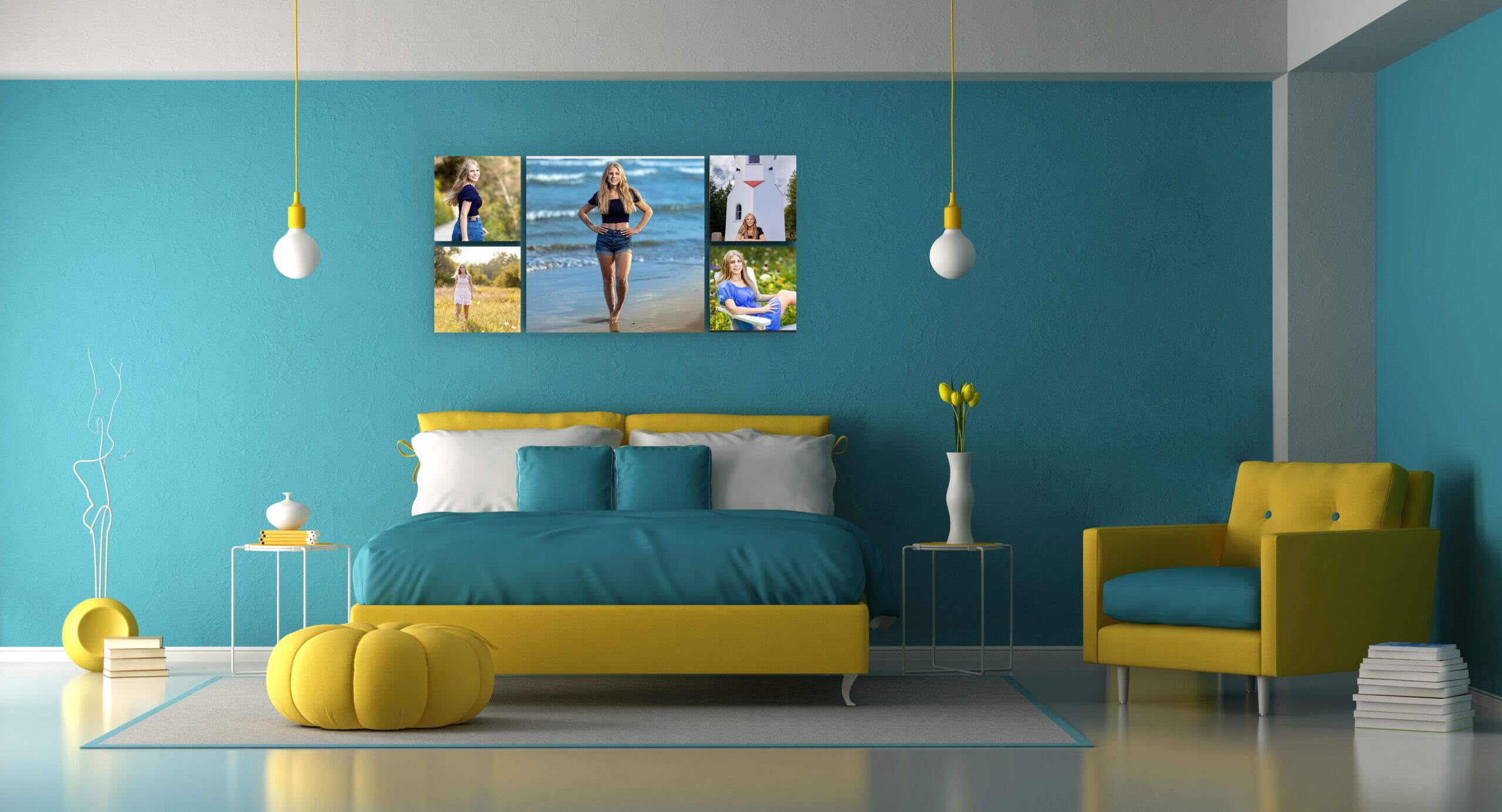 A five-piece wall collection shown on a real bedroom wall