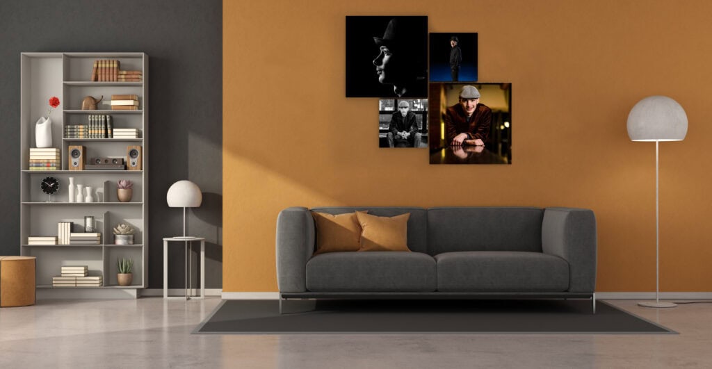Wall art collection above a sofa, senior session