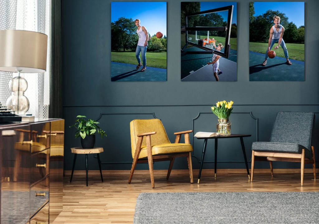 Three vertical wall art pieces in a living room, from Sam’s session