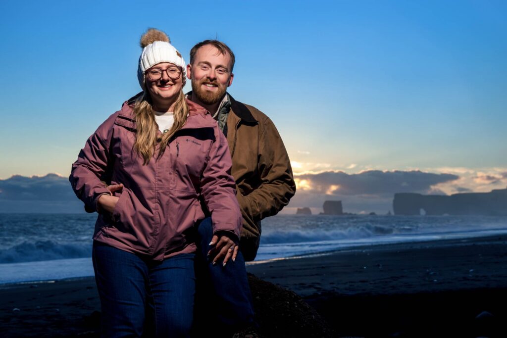 Engagement portrait on the black sand beach in Iceland