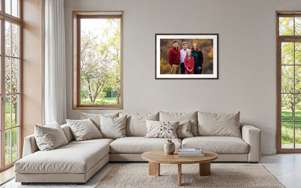 family portrait displayed as framed wall art, J.L. Wiswell Photography