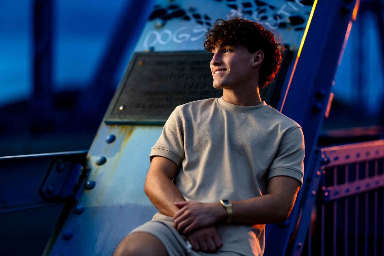 Deacon on the Cass Street Bridge at dusk, La Crosse
