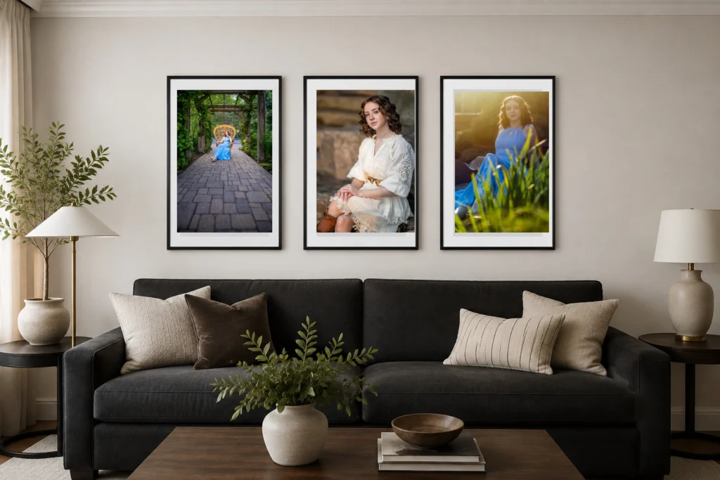 Three framed senior portraits above a sofa