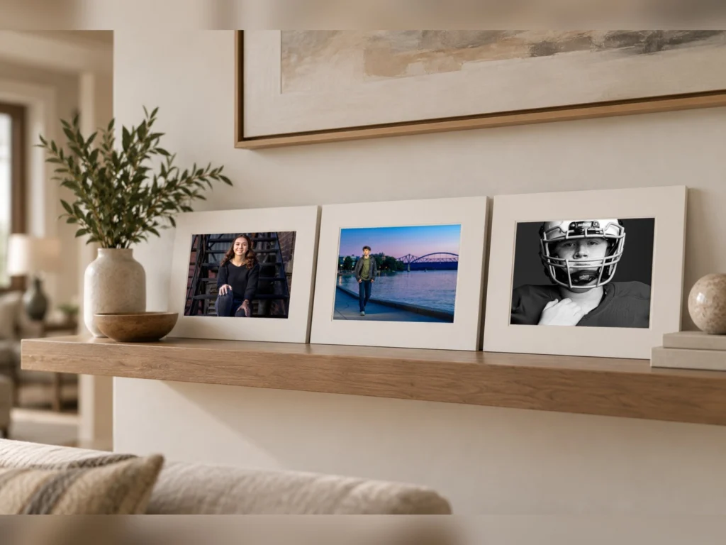 Three matted senior prints, landscape, on a wood shelf