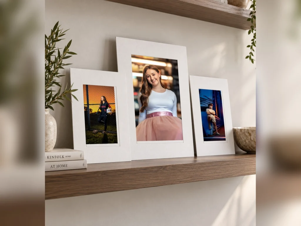Three matted senior prints standing on a wood shelf
